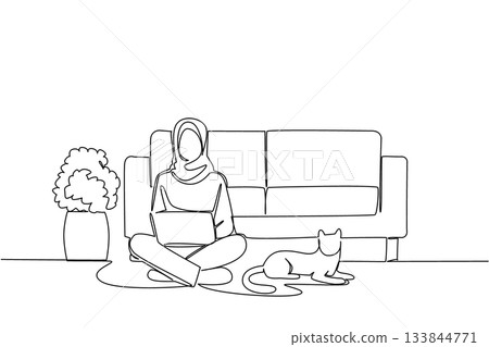 Single continuous line drawing arab woman sitting cross legged on floor with laptop on lap and cat lying down. Creating a sales flow. National Work From Home Day. One line design vector illustration 133844771