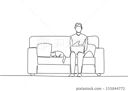 Single continuous line drawing man sits on sofa typing laptop on lap and cat lying down. Complete remote overseas jobs one by one. National Work From Home Day. One line design vector illustration 133844772