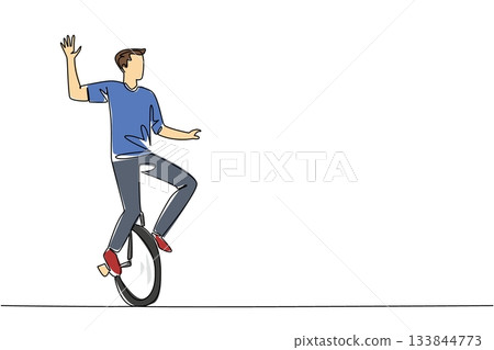 Single one line drawing man riding unicycle waving his hand. Greet the audience with a wave. Reckless show without safety equipment. Ride a Unicycle Day. Continuous line design graphic illustration Single one line drawing man riding unicycle waving his hand. Greet the audience with a wave. Reckless show without safety equipment. Ride a Unicycle Day. Continuous line design graphic illustration 133844773