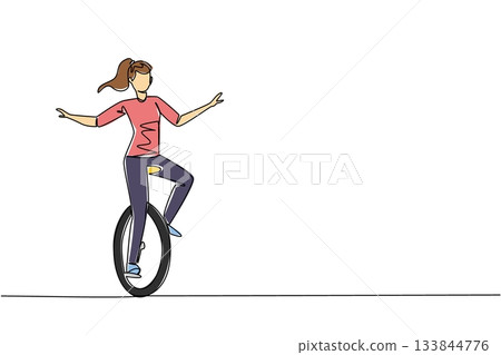 Single one line drawing a young beautiful woman riding a unicycle. Strong and brave woman. Entertaining the audience. Very balanced. Ride a Unicycle Day. Continuous line design graphic illustration Single one line drawing a young beautiful woman riding a unicycle. Strong and brave woman. Entertaining the audience. Very balanced. Ride a Unicycle Day. Continuous line design graphic illustration 133844776