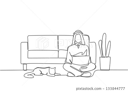Continuous one line drawing arab man sits crosses legged on floor with laptop on lap and cat lying down. Creating application. National Work From Home Day. Single line draw design vector illustration 133844777