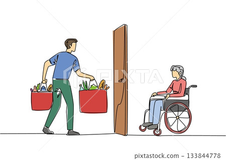 Continuous one line drawing a man carrying 2 grocery bags and give them to grandmother. Helping sincerely. National Do Something Good for Your Neighbor Day. Single line draw design vector illustration 133844778
