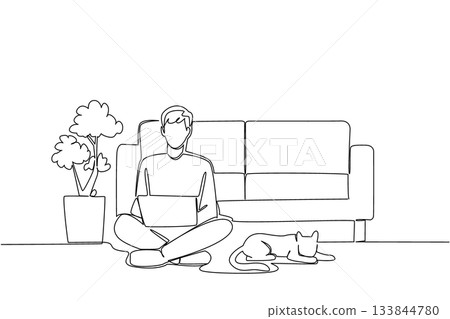 Single one line drawing man sitting cross legged on the floor with laptop on lap and cat lying down. Creating a tax invoice. National Work From Home Day. Continuous line design graphic illustration Single one line drawing man sitting cross legged on the floor with laptop on lap and cat lying down. Creating a tax invoice. National Work From Home Day. Continuous line design graphic illustration 133844780