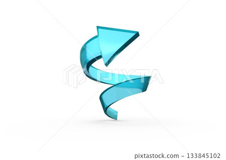 Turquoise ribbon like 3D arrow with triangular head is spiraling upward over shiny white floor 133845102