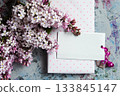 Lilac Blooms with Gift Box and Blank Tag for Personal Touch 133845147