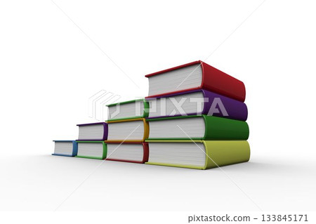 Flat design illustrating colored hardcover books stacking in rising stair on reflective white table Flat design illustrating colored hardcover books stacking in rising stair on reflective white table 133845171