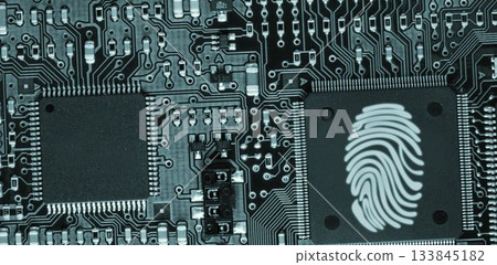 Digitally generated image of thumb print in circuit board 133845182