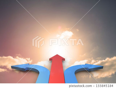 Red and blue curved arrows pointing against sky 133845184