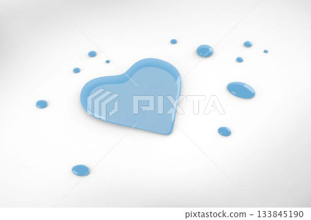 3D-rendered glossy blue heart-shaped drop is resting on white seamless surface with smaller drops 133845190