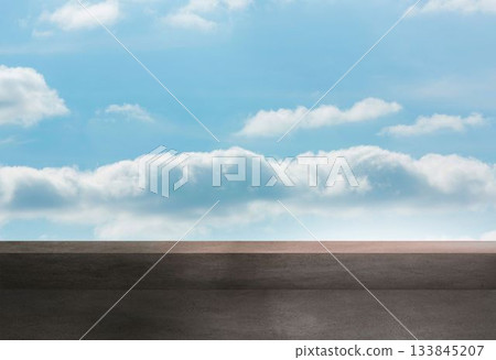 Flat design illustration is showing wide paved platform extending to horizon under bright sky Flat design illustration is showing wide paved platform extending to horizon under bright sky 133845207
