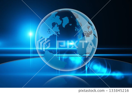 3D-render glass Earth globe floating over reflective base showing continents with neon-blue flares 3D-render glass Earth globe floating over reflective base showing continents with neon-blue flares 133845216