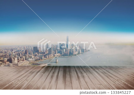 Flat design view is showing wooden deck and piers facing skyline over river with central tower Flat design view is showing wooden deck and piers facing skyline over river with central tower 133845227