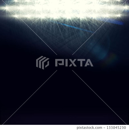 Bright floodlights are shining over dark gradient background in flat design, with lens flare Bright floodlights are shining over dark gradient background in flat design, with lens flare 133845230