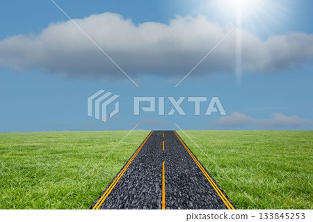 Two-lane asphalt road is running through vector grassland, with yellow lines, clouds and sunbeam 133845253