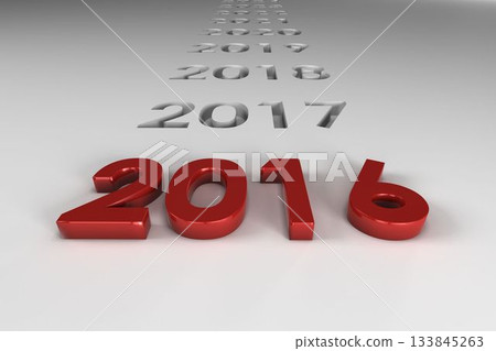 Red metallic 3D 2016 numerals are positioned on seamless gray plane, showing receding gray years Red metallic 3D 2016 numerals are positioned on seamless gray plane, showing receding gray years 133845263