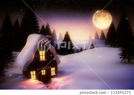 Full moon over snowy landscape and house 133845275