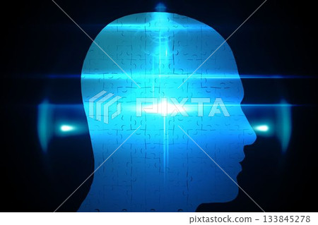 Blue jigsaw head with glowing light Blue jigsaw head with glowing light 133845278