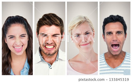 Four head-and-shoulders portraits are appearing side by side in flat design, gray gradient backdrop 133845319