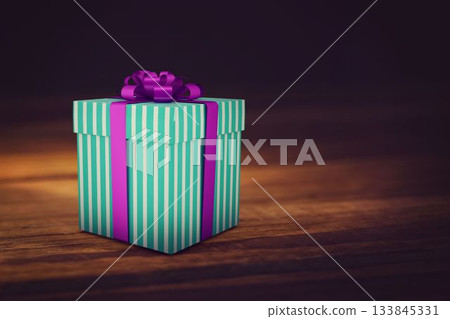 Flat design mint green striped gift box is sitting on wooden tabletop, with purple ribbon bow 133845331