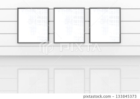 Three framed square panels are being shown in flat design gallery with reflective floor Three framed square panels are being shown in flat design gallery with reflective floor 133845373