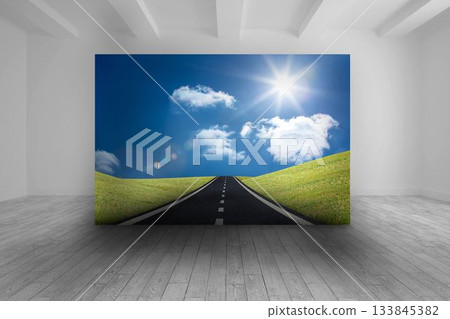 Room with futuristic picture of landscape 133845382
