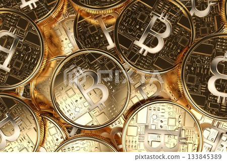Overlapping gold-hued Bitcoin coins are shining in flat design render, featuring circuit patterns Overlapping gold-hued Bitcoin coins are shining in flat design render, featuring circuit patterns 133845389