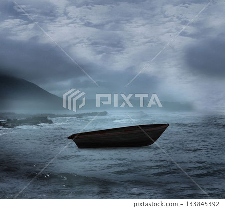 Sail boat on open water in a storm Sail boat on open water in a storm 133845392