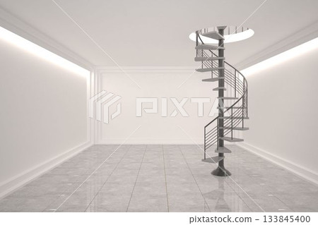 Digitally generated room with winding staircase 133845400