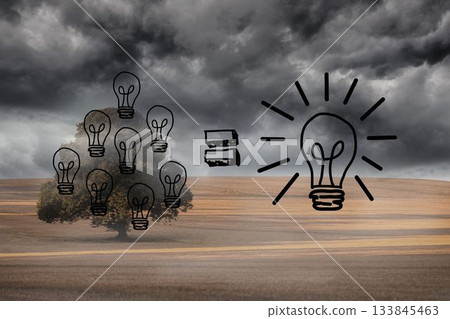 Light bulbs graphic on gloomy landscape Light bulbs graphic on gloomy landscape 133845463