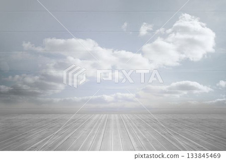Flat design gray wooden plank platform is extending toward horizon under pale blue sky with clouds 133845469