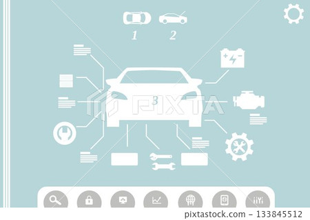 White car silhouette is showing flat diagnostics dashboard connecting battery engine gear icons White car silhouette is showing flat diagnostics dashboard connecting battery engine gear icons 133845512