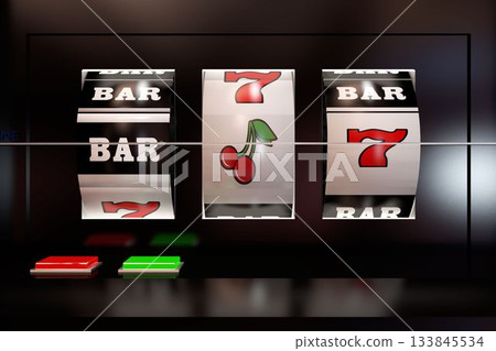 Close up slot machine showing cherry icons and text Close up slot machine showing cherry icons and text 133845534