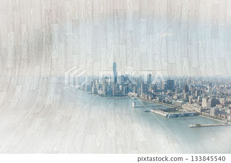 Displaying aerial city skyline in flat design, showing skyscrapers, piers, docked boats, calm water 133845540