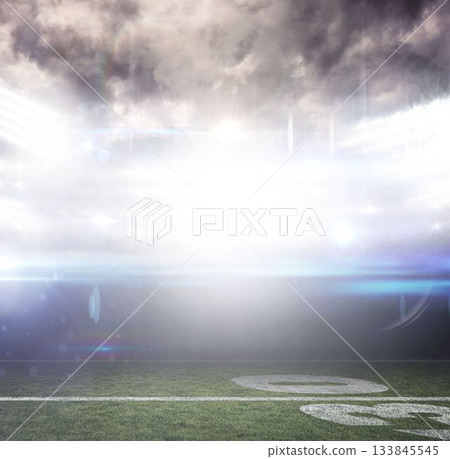 Flat illustration is showing illuminated football turf with yard line markings under stadium lights Flat illustration is showing illuminated football turf with yard line markings under stadium lights 133845545