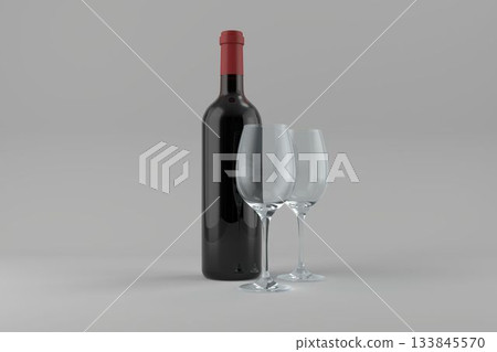 Bottle with glasses on gray background Bottle with glasses on gray background 133845570