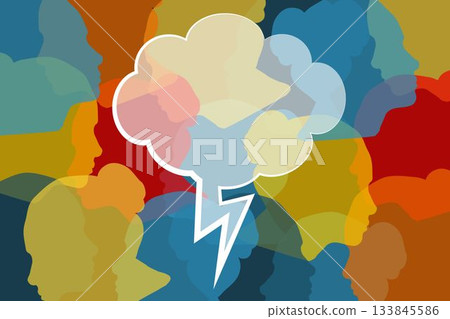 Speech bubble agaisnt colorful human faces Speech bubble agaisnt colorful human faces 133845586