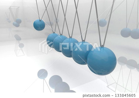 Six glossy blue spheres are swinging on silver rods in minimalist 3D scene with mirrored surfaces Six glossy blue spheres are swinging on silver rods in minimalist 3D scene with mirrored surfaces 133845605
