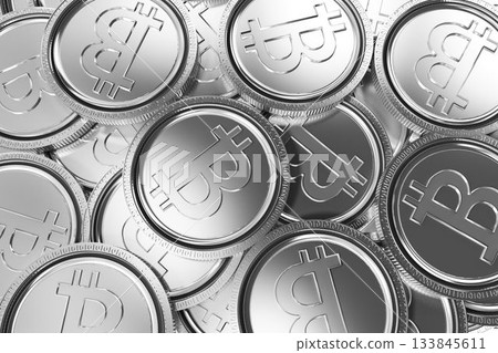 Multiple silver Bitcoin coins are forming macro close up pattern in metallic 3D render design 133845611