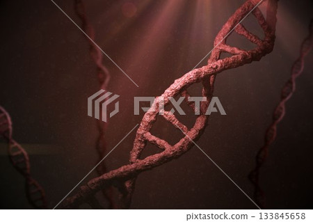 3D render showing rugged DNA helices in dark void with red light, drifting particles, copy space 133845658