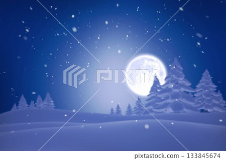 Full moon glowing behind snowy pines in flat winter scene, drifting snowflakes over sloping hills Full moon glowing behind snowy pines in flat winter scene, drifting snowflakes over sloping hills 133845674