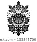 Vector monochrome floral illustration with flowers and leaves. Symmetrical folk art style. Black silhouette of chamomile 133845700