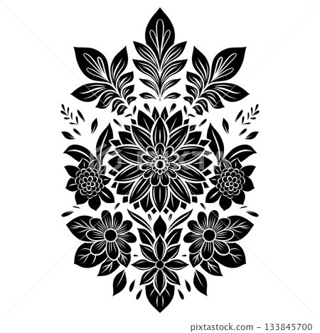 Vector monochrome floral illustration with flowers and leaves. Symmetrical folk art style. Black silhouette of chamomile Vector monochrome floral illustration with flowers and leaves. Symmetrical folk art style. Black silhouette of chamomile 133845700
