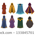 Vector set of fantasy cloaks in various styles. A collection of wizard clothing for games and concept art. Clipart images of sorcerer costumes 133845701