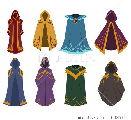 Vector set of fantasy cloaks in various styles. A collection of wizard clothing for games and concept art. Clipart images of sorcerer costumes Vector set of fantasy cloaks in various styles. A collection of wizard clothing for games and concept art. Clipart images of sorcerer costumes 133845701