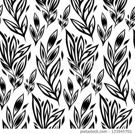Vector monochrome seamless pattern with stylized leaves on stems. Tracery black silhouette of foliage texture Vector monochrome seamless pattern with stylized leaves on stems. Tracery black silhouette of foliage texture 133845702