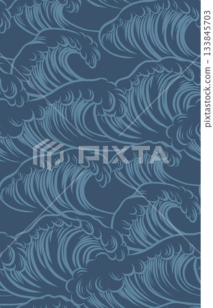 Vector seamless pattern with stylized hand drawn stormy ocean waves on dark background. Texture with blue monochrome motion waves Vector seamless pattern with stylized hand drawn stormy ocean waves on dark background. Texture with blue monochrome motion waves 133845703
