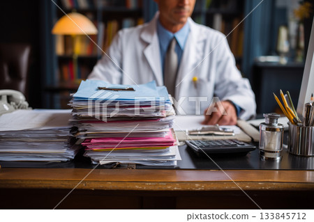 A doctor reviewing a medical history at a desk in his personal office with a stack of medical records on it A doctor reviewing a medical history at a desk in his personal office with a stack of medical records on it 133845712