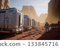 The first human settlement on Mars, airtight living quarters and an astronaut walking on the red dust of the planet 133845716