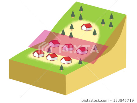 Illustration of a residential area on a mountain slope (for disaster prevention and landslide prevention) 133845719