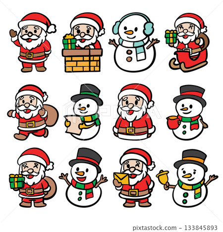 Cute Christmas Santa and Snowman Cartoon Icon Set 133845893